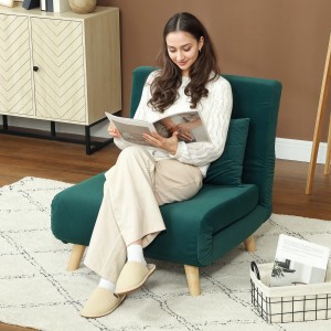 Grüner HOMCOM 3-in-1 Schlafsessel/Schlafsofa mit Lendenkissen und Holzfüßen. Frau liest darauf.