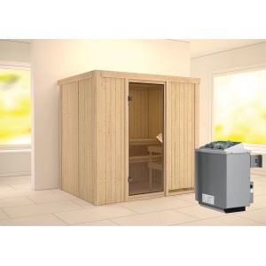 Karibu Sauna-Set Bjarne mit Edelstahl-Ofen (9 kW) und integr. Steuerung. Massivholzsauna mit Glastür und zwei Liegen.