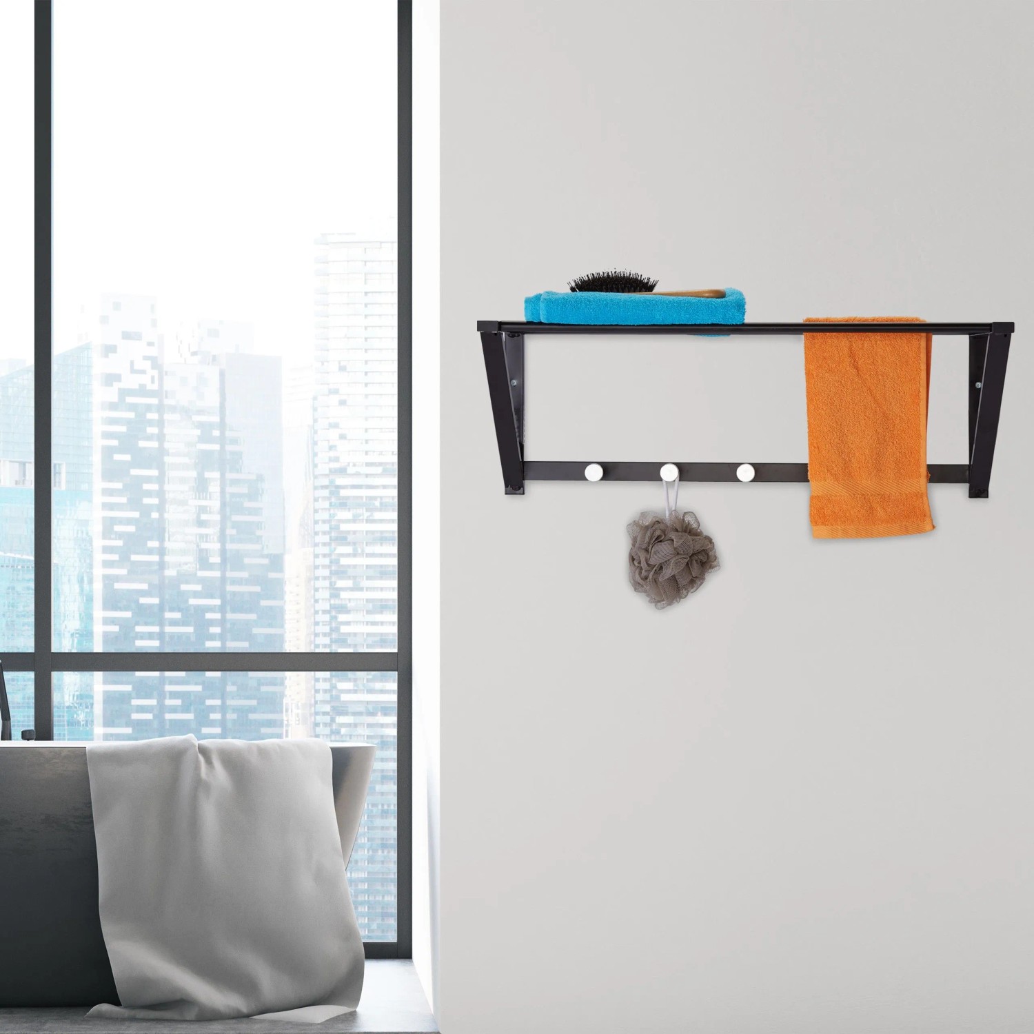 Relaxdays Wandgarderobe Stahl Schwarz mit 5 Haken und Ablage 23 cm x 65 cm x 25 cm 1,5 kg_5