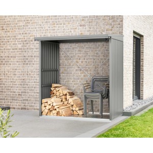 EcoStar Kaminholzregal Trend-V Typ 2 aus Metall in Graualuminium mit Kaminholz und Stühlen.