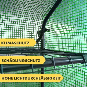 Detailaufnahme: KARAT Gewächshaus Bloom mit Gitterfolie, Stahlrahmen und Ablageebenen.