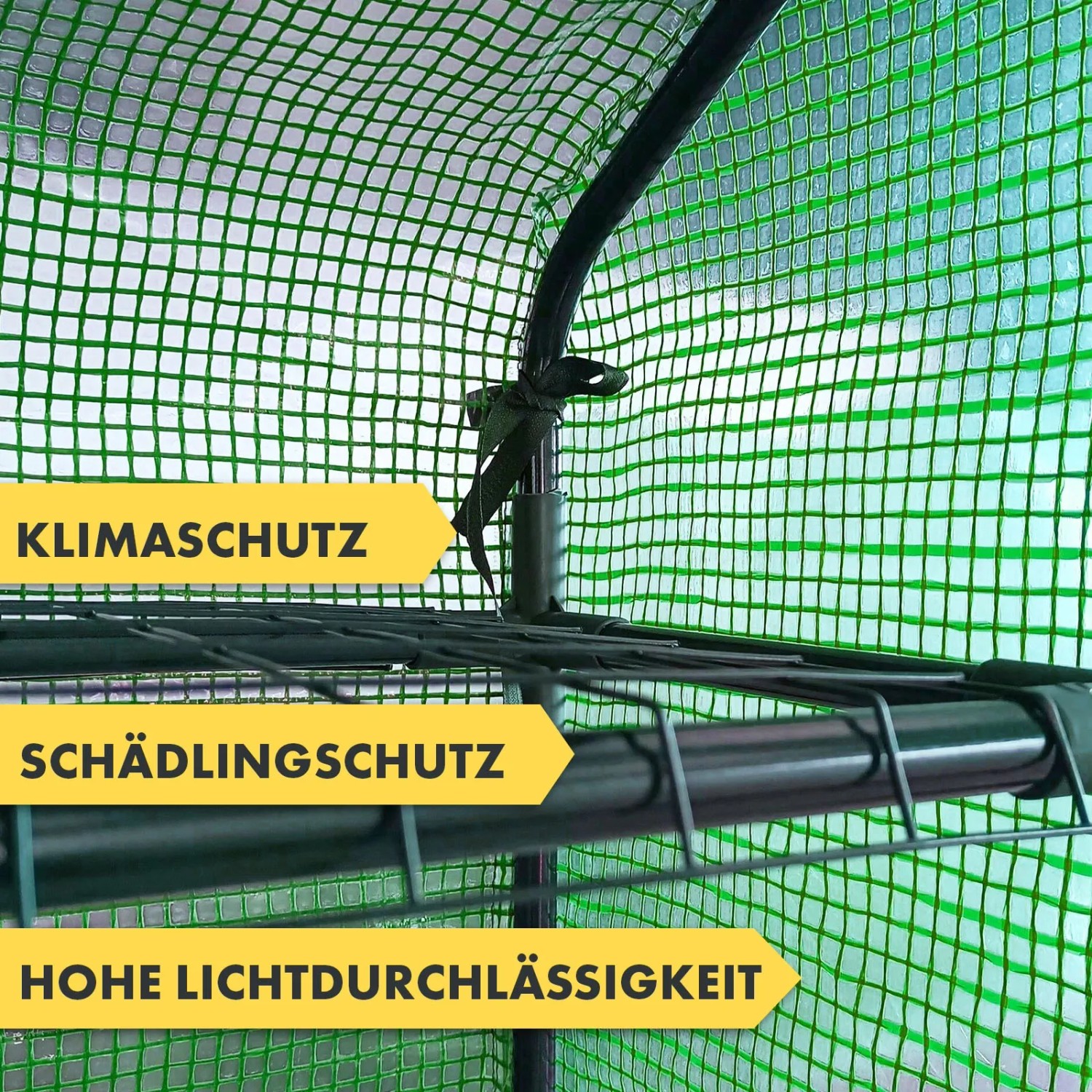 Detailaufnahme: KARAT Gewächshaus Bloom mit Gitterfolie, Stahlrahmen und Ablageebenen.