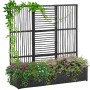 Schwarzer Outsunny Blumenkasten mit Spalier aus PE-Rattan und Stahl, bepflanzt mit bunten Blumen.
