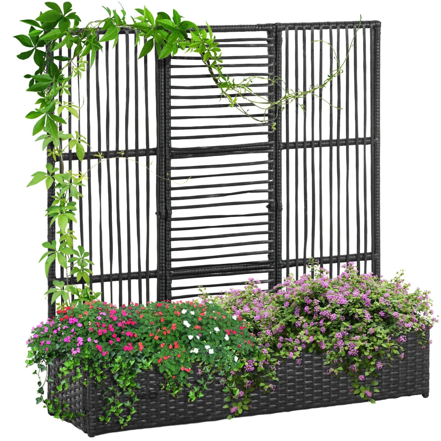 Outsunny Blumenkasten mit Spalier PE-Rattan Stahl 103L x 103B x 29H cm Schwarz