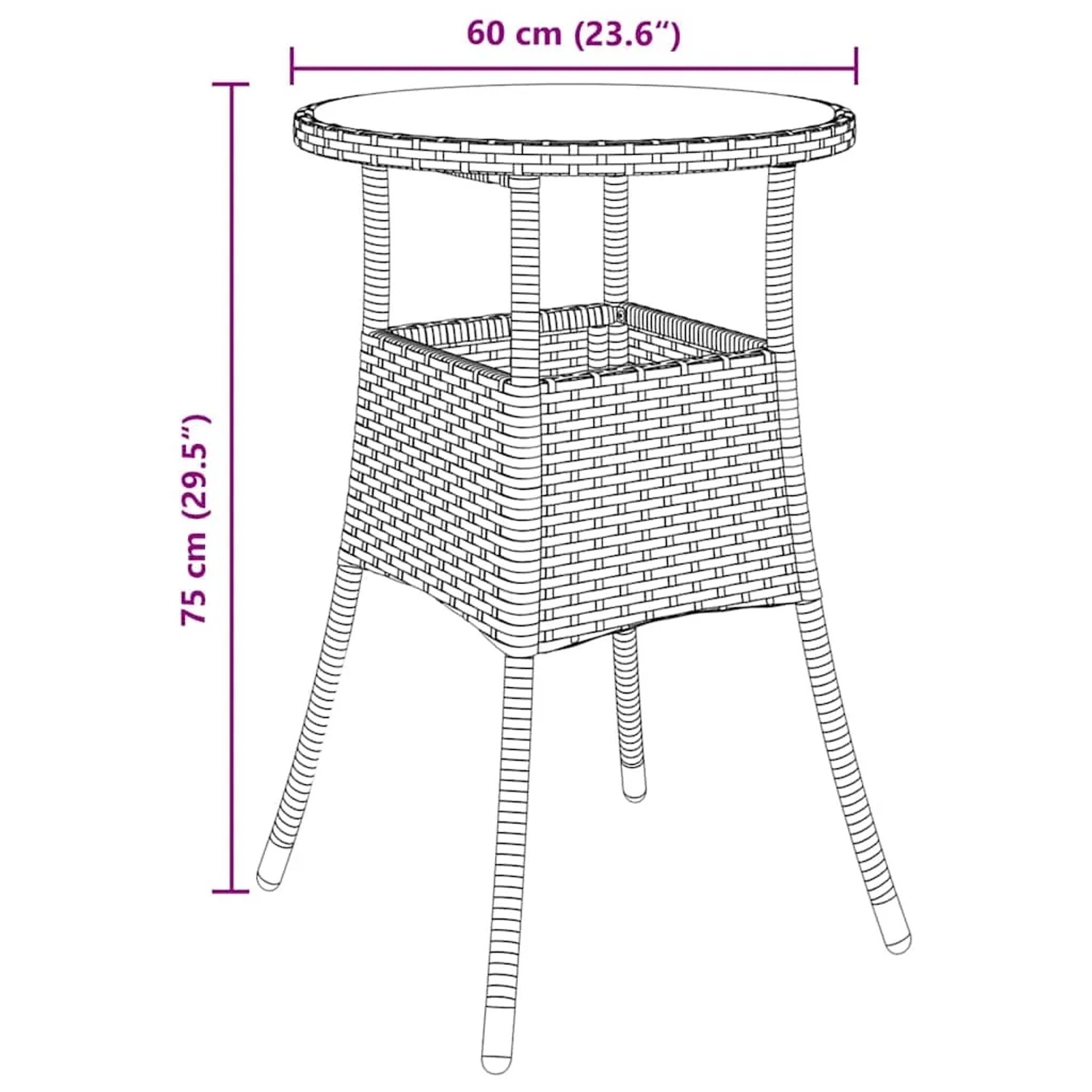 Skizze eines schwarzen vidaXL Gartentisches aus Polyrattan, Teil einer 5-teiligen Essgruppe.