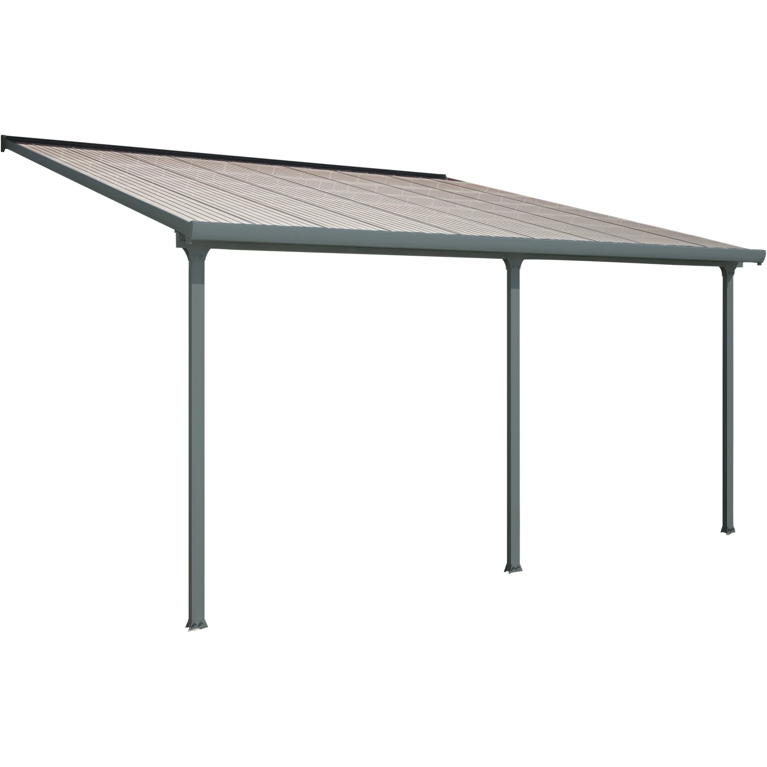 Anthrazit Terrassenüberdachung Feria 3x5.46 von Palram-Canopia mit Polycarbonat-Dachplatten und Aluminiumrahmen.