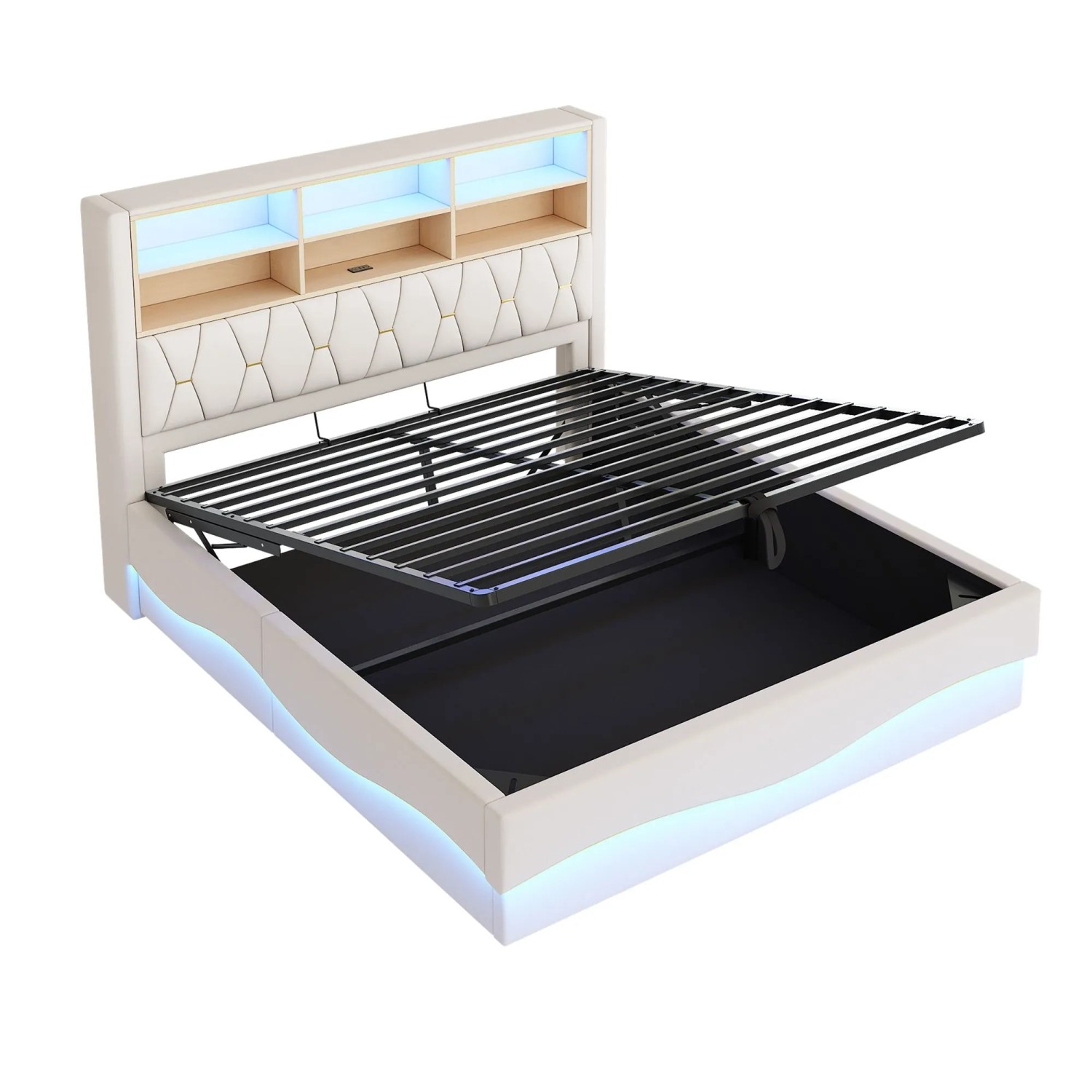 Merax Polsterbett 180x200cm Hydraulik LED USB Leinen Beige