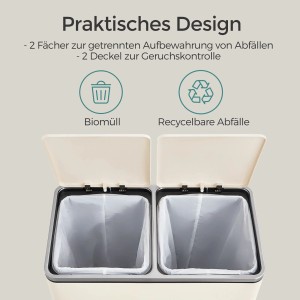 Songmics Mülleimer Pary, weiß, mit 2 Fächern und geöffneten Deckeln für Mülltrennung.