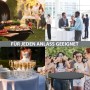 Collage: TRUTZHOLM Stehtische klappbar anthrazit für Gartenparty, Hochzeit, Grillen, Empfang.