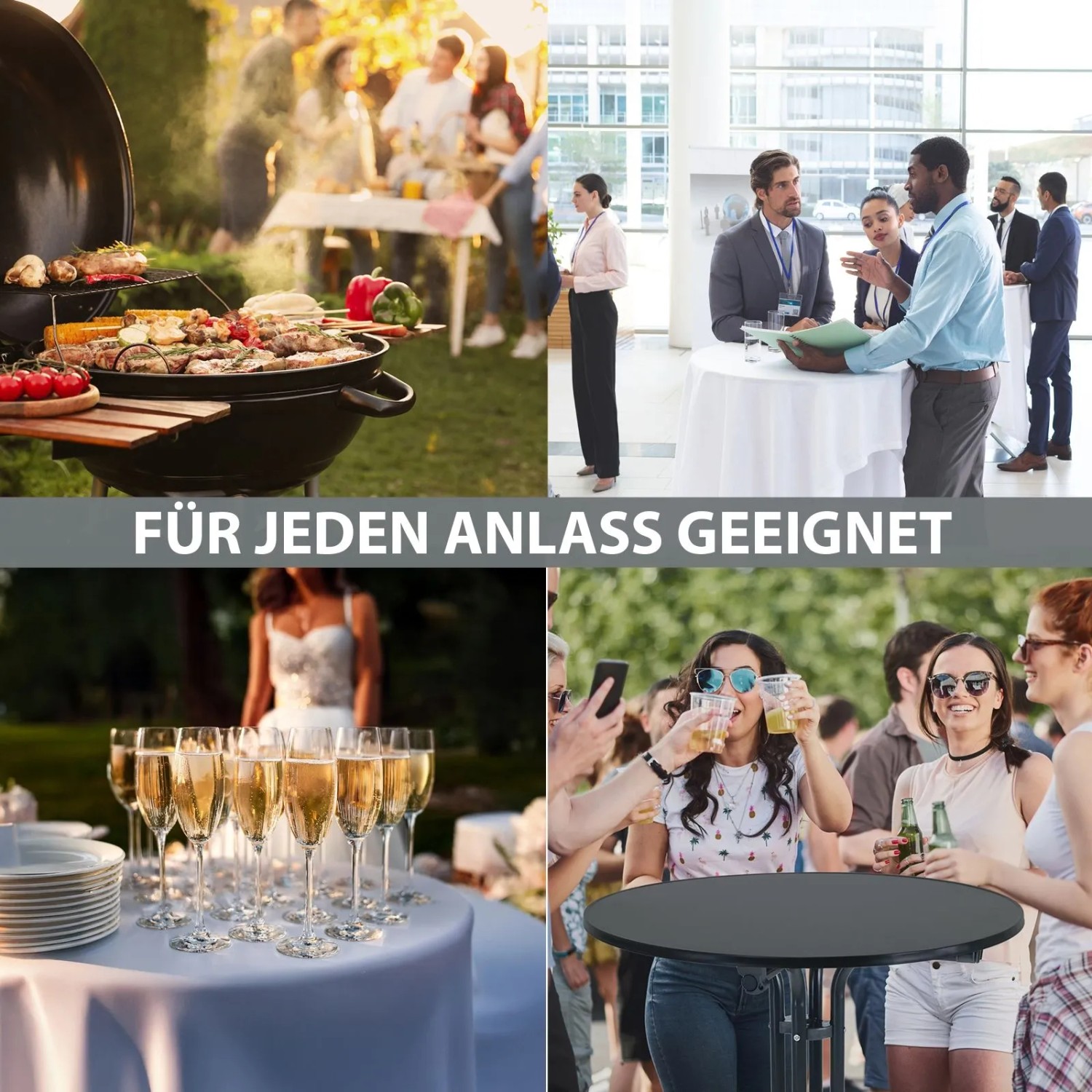 Collage: TRUTZHOLM Stehtische klappbar anthrazit für Gartenparty, Hochzeit, Grillen, Empfang.