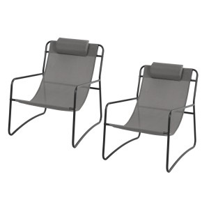 2er Set Svita Sveio Relaxsessel, dunkelgraue Gartenstühle mit Kissen und Stahlrahmen.
