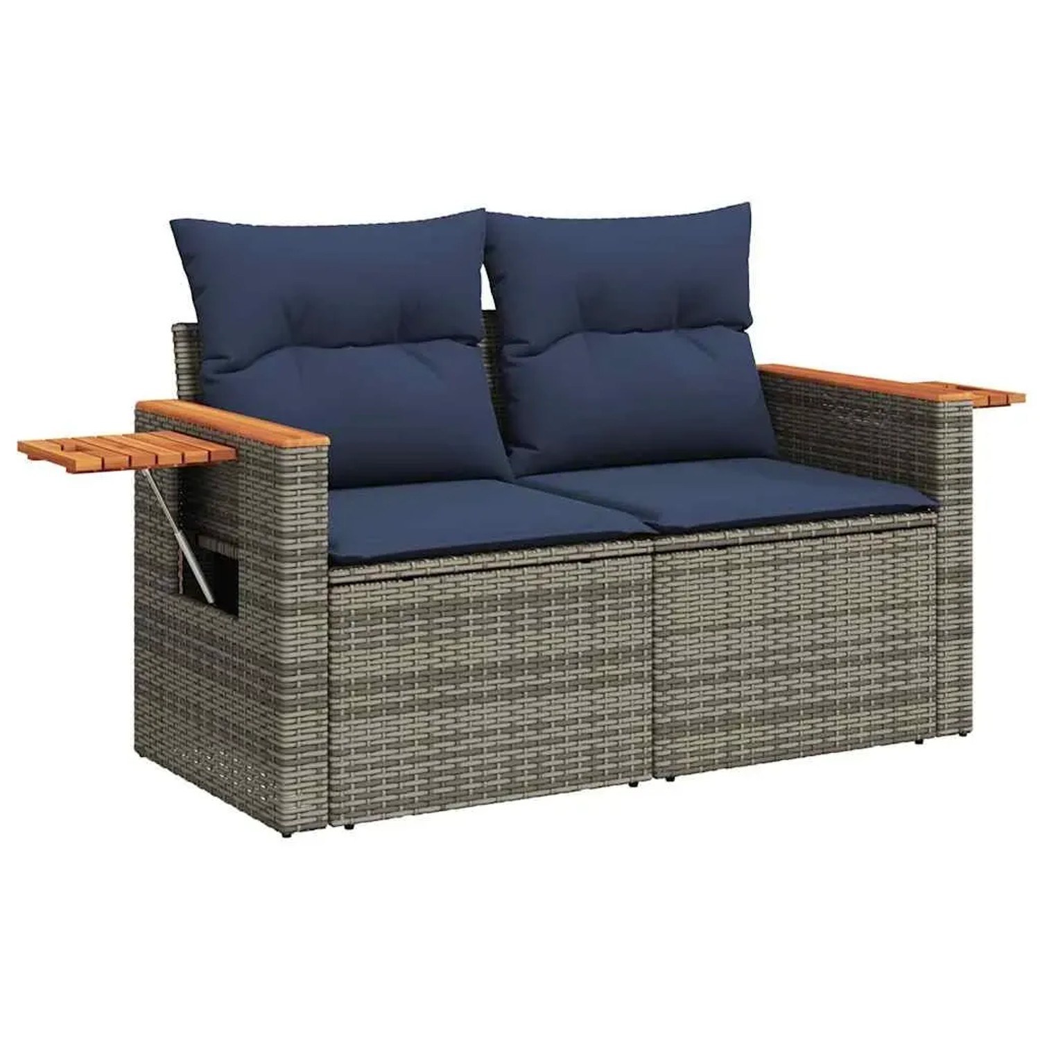 Graue 9-tlg. vidaXL Garten-Sofagarnitur aus Polyrattan mit marineblauen Kissen und Holzablagen.