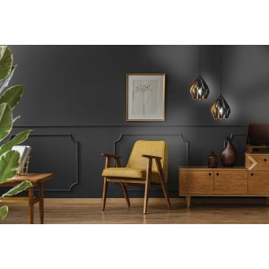 Moderne Eglo Pendelleuchte Carlton 1 in Schwarz-Gold im Wohnzimmer, Durchmesser 31 cm.