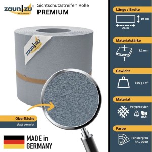 zaunzu Sichtschutz Premium, Fenstergrau, 26m Rolle für Doppelstabmattenzaun.