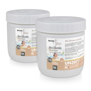 Zwei Dosen Bayzid Spa Mini Chlortabs 2,7g, schnell löslich, je 500g für Poolreinigung.