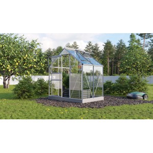 Vitavia Gewächshaus Planet 2500 aus Alu mit Fundamentrahmen im Garten.