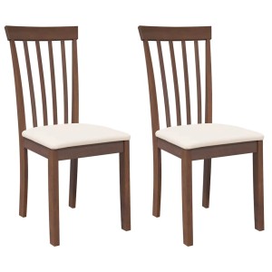 Esszimmerstühle, 2er-Set, braunes Gummibaumholz mit creme-farbenen Kissen.