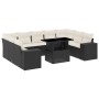 Schwarze 10-tlg. vidaXL Garten-Sofagarnitur aus Poly Rattan mit cremeweißen Kissen und Tisch.