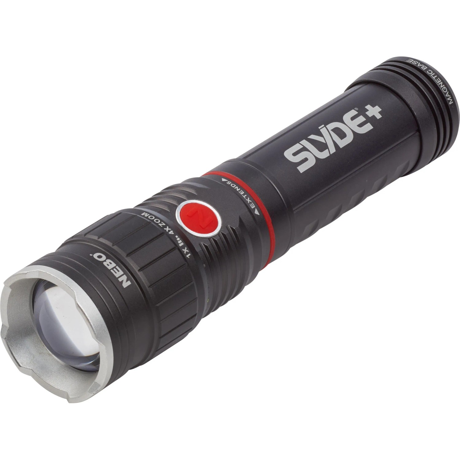NEBO Slyde LED-Taschenlampe aus schwarzem Aluminium, dimmbar mit ausziehbarer Arbeitsleuchte.