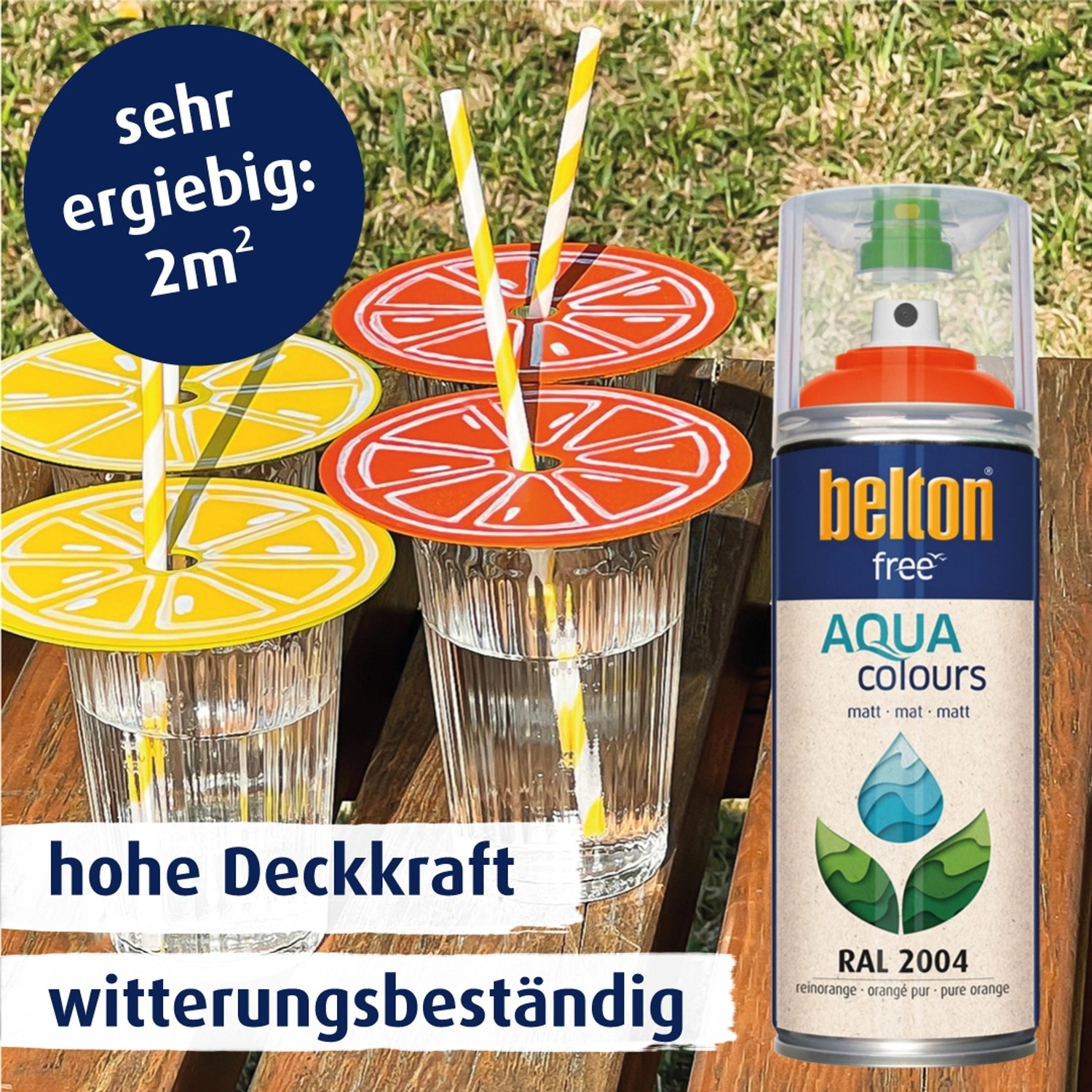 Belton Free AQUAcolours Buntlack Spray RAL 2004 Reinorange matt, mit Gläsern und Strohhalmen dekoriert.