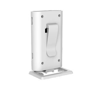 Weißer REV Ritter Funk-Gong Orchestra mit Clip und Standfuß, Rückansicht.