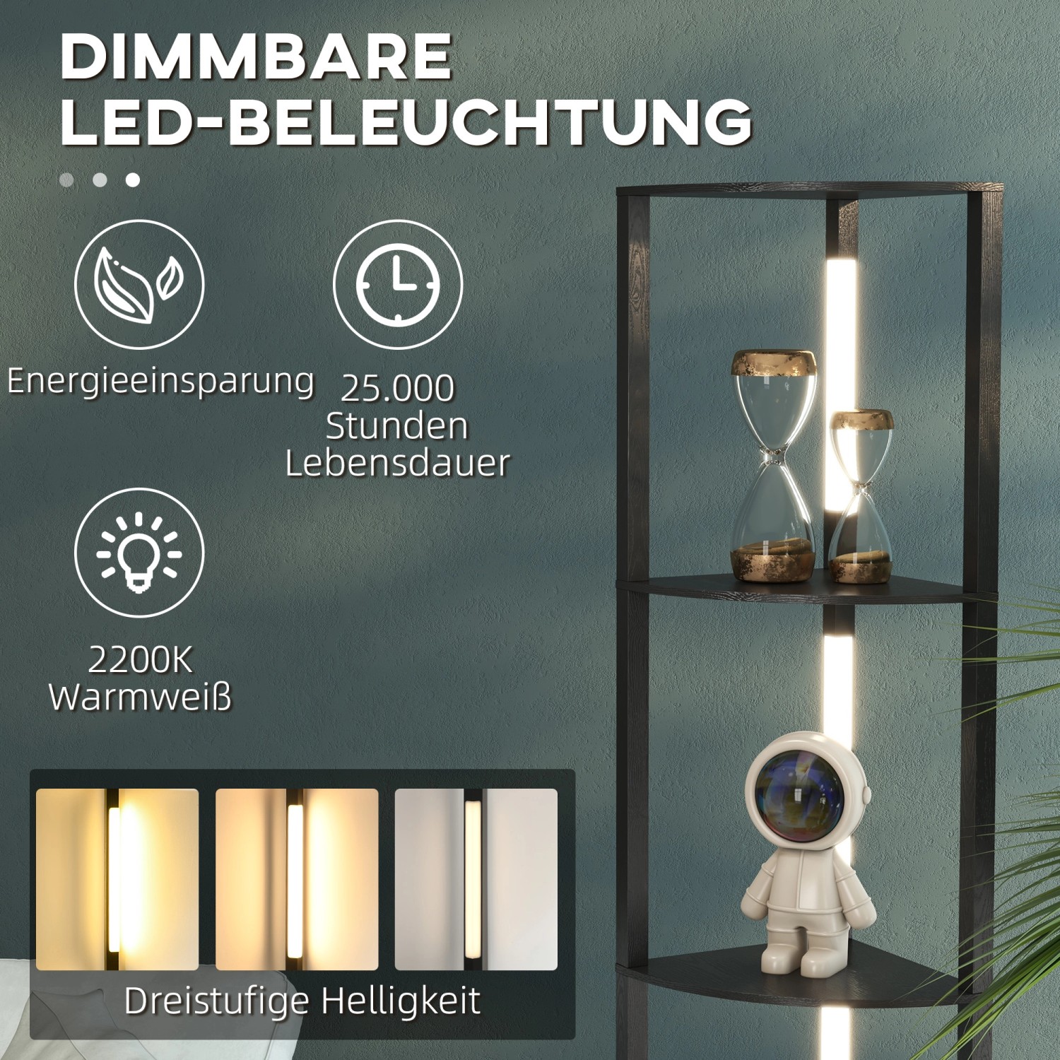 Schwarze HOMCOM Stehlampe mit 4 Ablagen und warmweißem Licht, ideal als Innenleuchte.
