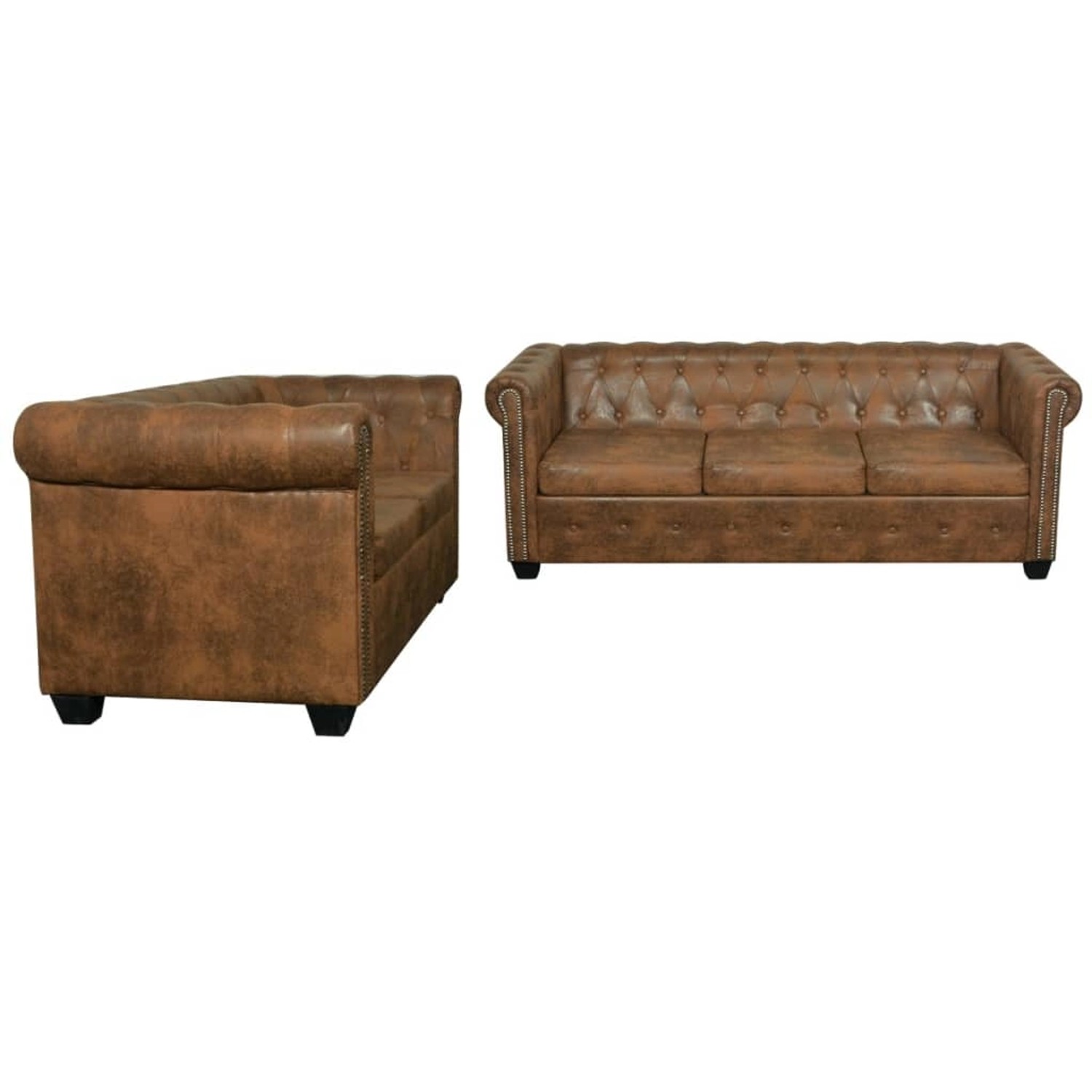 Braunes vidaXL Chesterfield Sofa-Set, 2- und 3-Sitzer aus Kunstleder mit Knopfheftung.