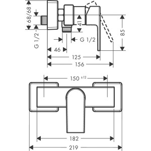 Technische Zeichnung Hansgrohe Vernis Shape Brausemischer, Aufputz, Matt Schwarz, Maße und Anschlüsse.