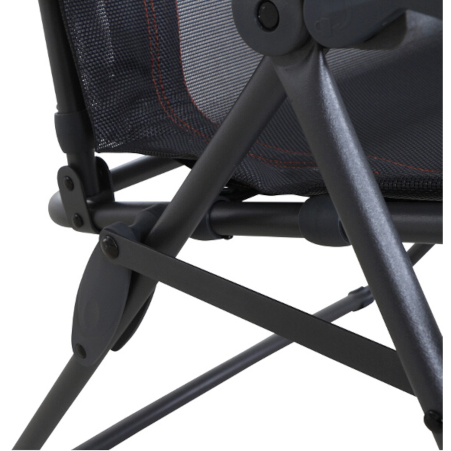 Detailansicht des anthrazitfarbenen Siena Garden Campingstuhls Relax Comfort, Fokus auf Gestell und Gelenke.