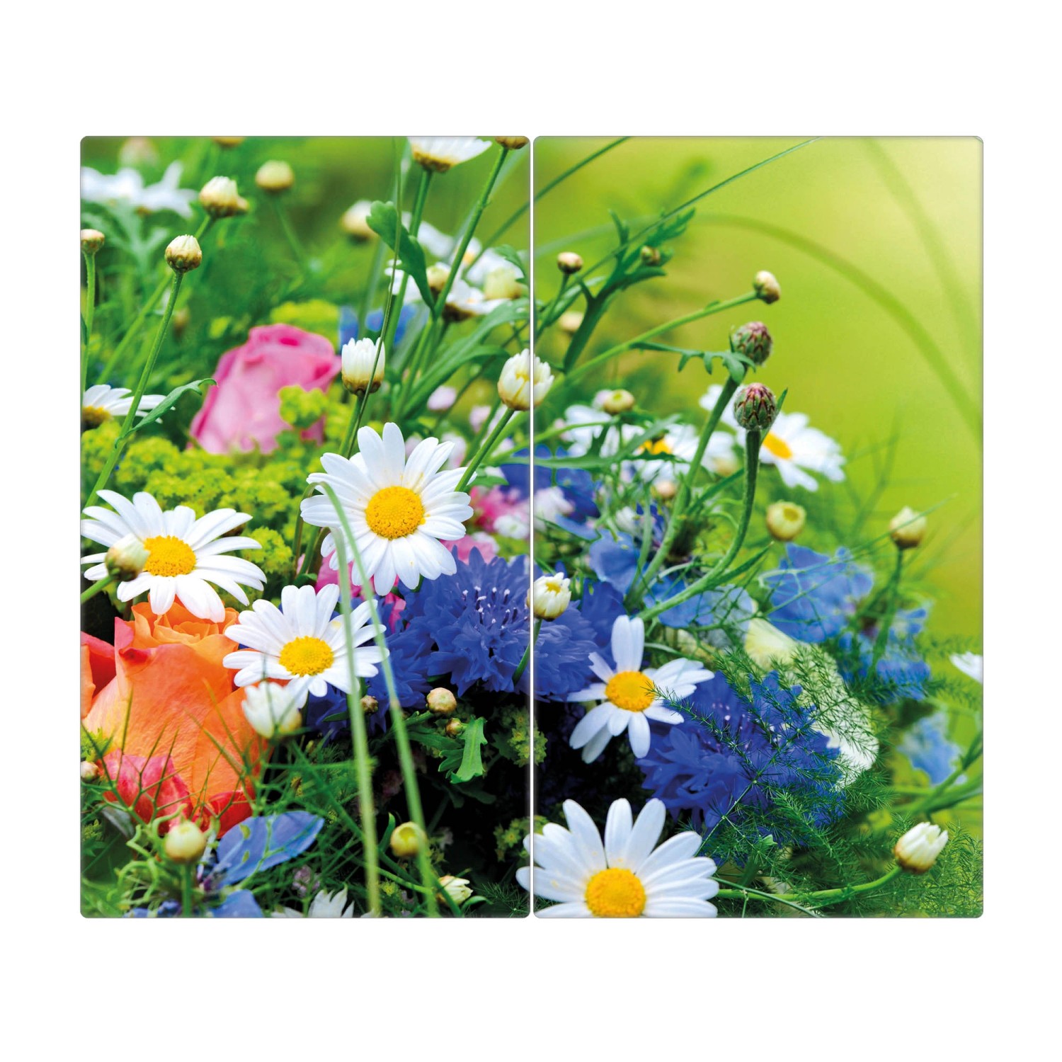 Banjado 2-teilige Herdabdeckplatte aus Glas mit Blumenstrauß-Motiv, je 30x52 cm.