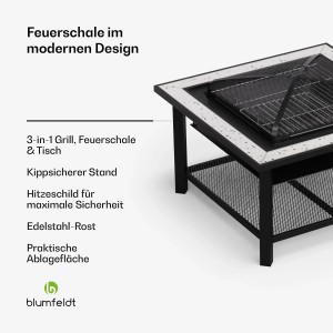 Blumfeldt Merano Avanzato 3-in-1 Feuerschale/Grill in Weiß mit Terrazzo-Tischplatte und Ablage.