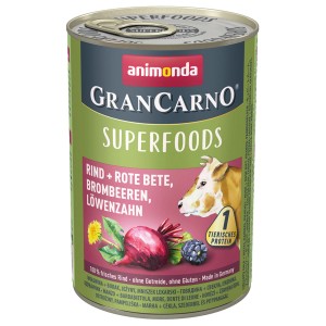 Animonda Gran Carno Superfoods Hundenassfutter mit Rind, Rote Bete, Brombeeren und Löwenzahn, 400g Dose.