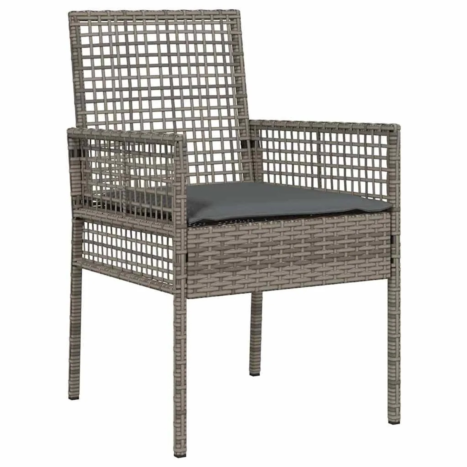 Grauer vidaXL Gartenstuhl aus Rattan mit Kissen, Teil der 5-tlg. Essgruppe.
