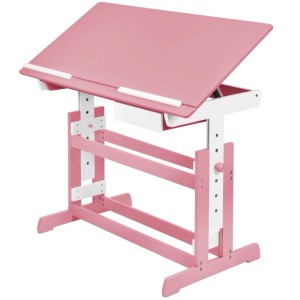 Pinkfarbener Tectake Schreibtisch mit neigbarer Platte und Höhenverstellung.