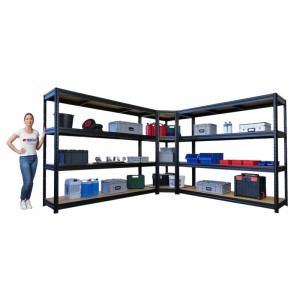 PROREGAL Mega Deal: Schwarzes Eckregal und 2 Schwerlastregale mit Lagergut und einer Frau.