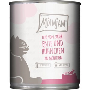 MjAMjAM Katzen-Nassfutter Duo Ente & Hühnchen mit Möhrchen, getreidefrei im 800g Napf.
