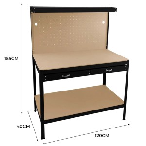Schwarze Monstershop Werkbank mit Lochwand, Schublade und LED-Licht für Werkstatt und Hobby.