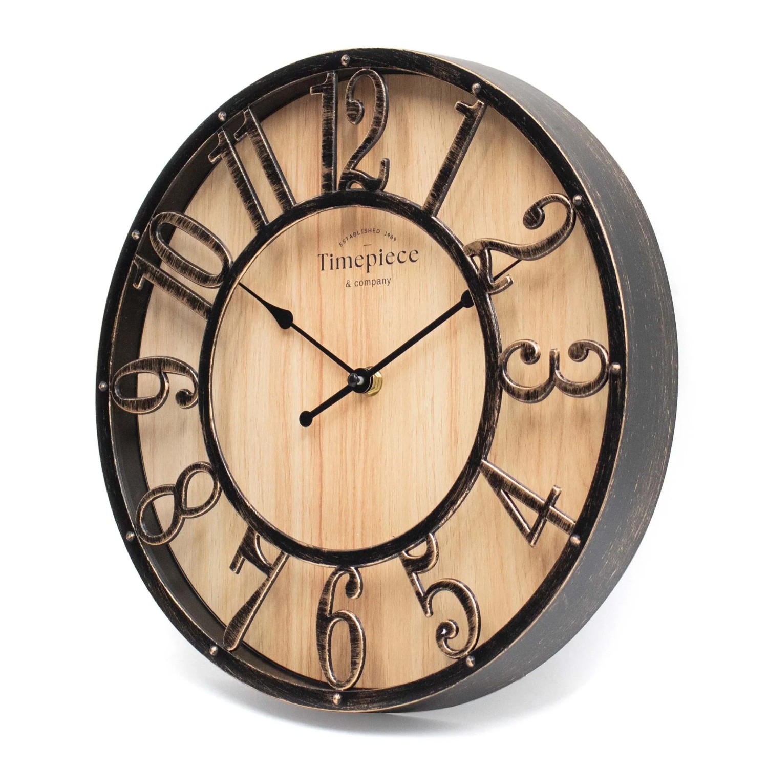 Vintage Wanduhr Schwarz-Holzoptik, 3D-Ziffern im Used Look. Leises Uhrwerk, Ø 35 cm, für Wohnraum.