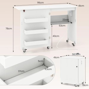 Costway 2 In 1 Nähtisch Klappbar mit Ladestation Nähmaschinenschrank Weiß