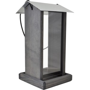 Anthrazitfarbenes Vogelhaus aus Kiefernholz mit Metalldach für Wildvögel.