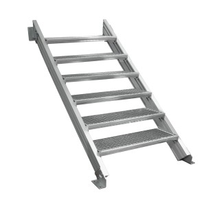 Treba Außentreppe Alaska 3 mit 6 Gitterroststufen aus Aluminium, seitliche Ansicht.