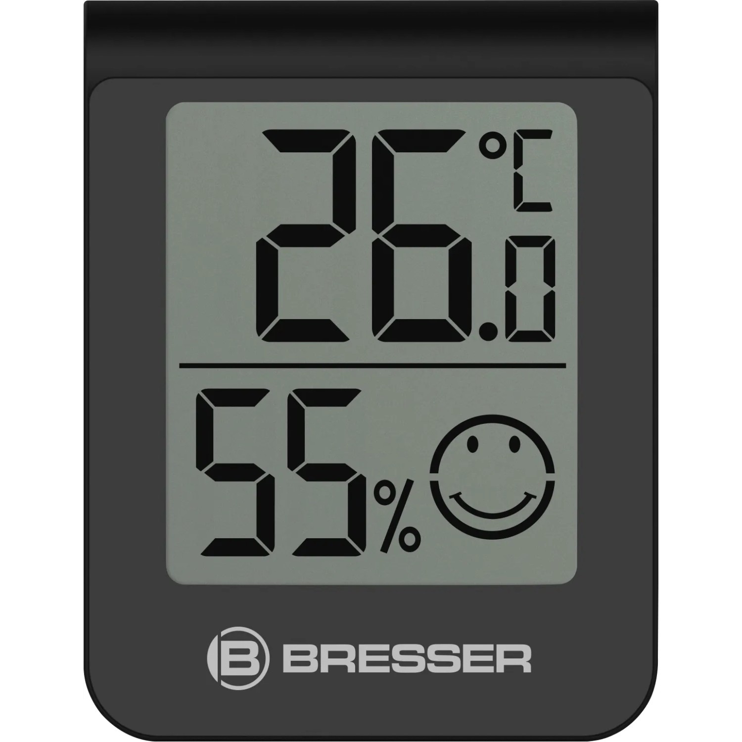 BRESSER Thermo-Hygrometer 3er-Set, schwarz, zeigt Temperatur 26.1°C, Luftfeuchte 55% und Smiley.