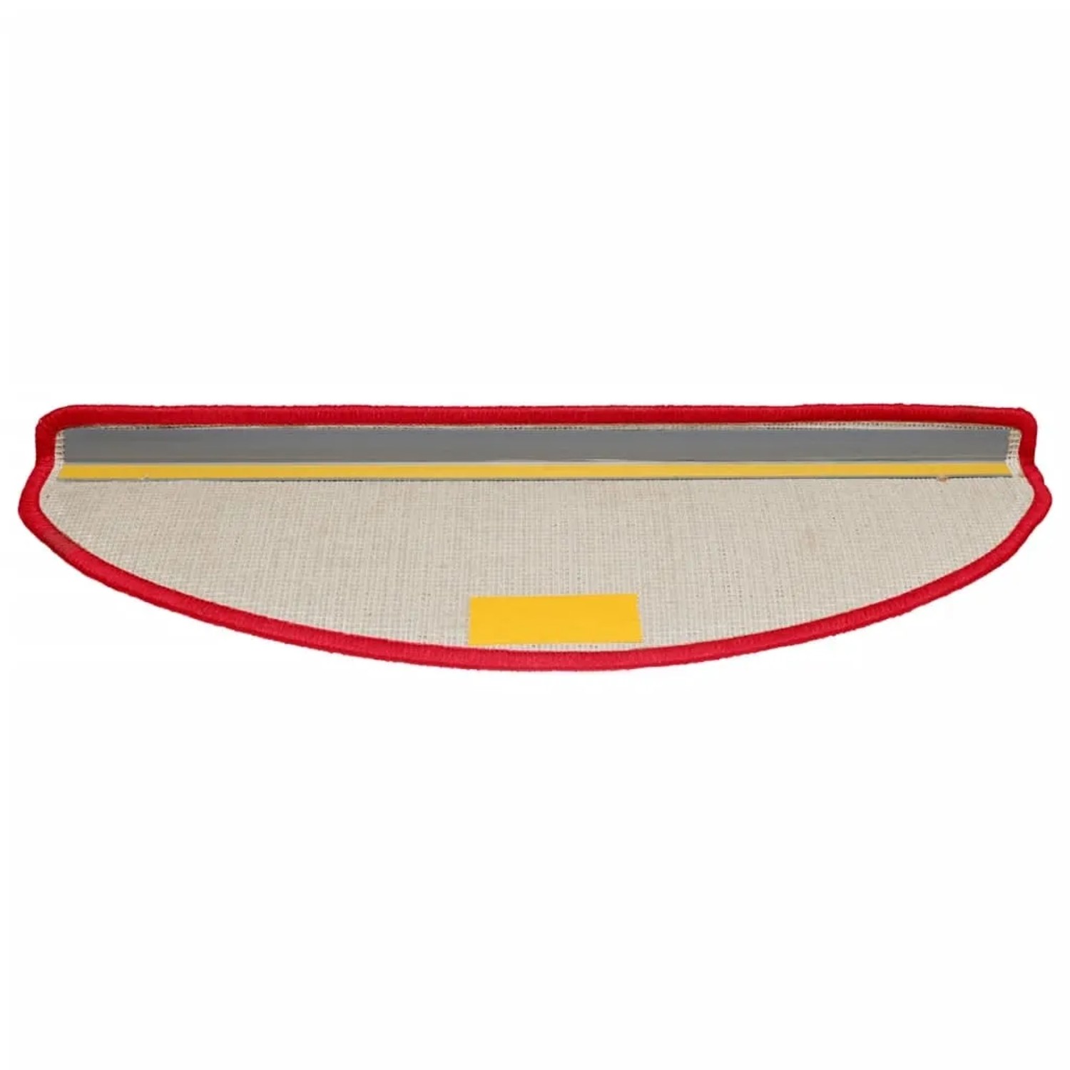 Rote, halbrunde Stufenmatte (65x21x4 cm) aus getuftetem PP mit Klebebändern auf der Unterseite.
