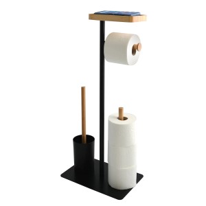 MSV WC-Garnitur Teiki 3-in-1 aus Bambus und Stahl in Schwarz-Braun mit Toilettenbürste, Papierhalter und Ablage.
