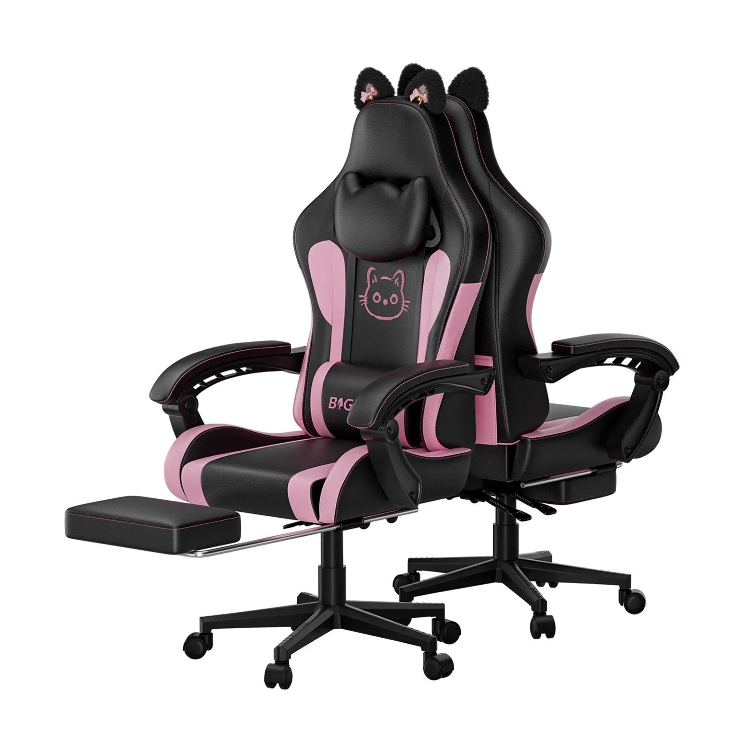 Rattantree Ergonomischer Gaming Stuhl mit Katzenohren Massage Lenden und Fußstütze Verstellbar Blackpink