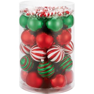 Weihnachtskugel-Set, 50-teilig, Ø 6cm, rot, weiß, grün, mit Zuckerstangen, im transparenten Behälter.