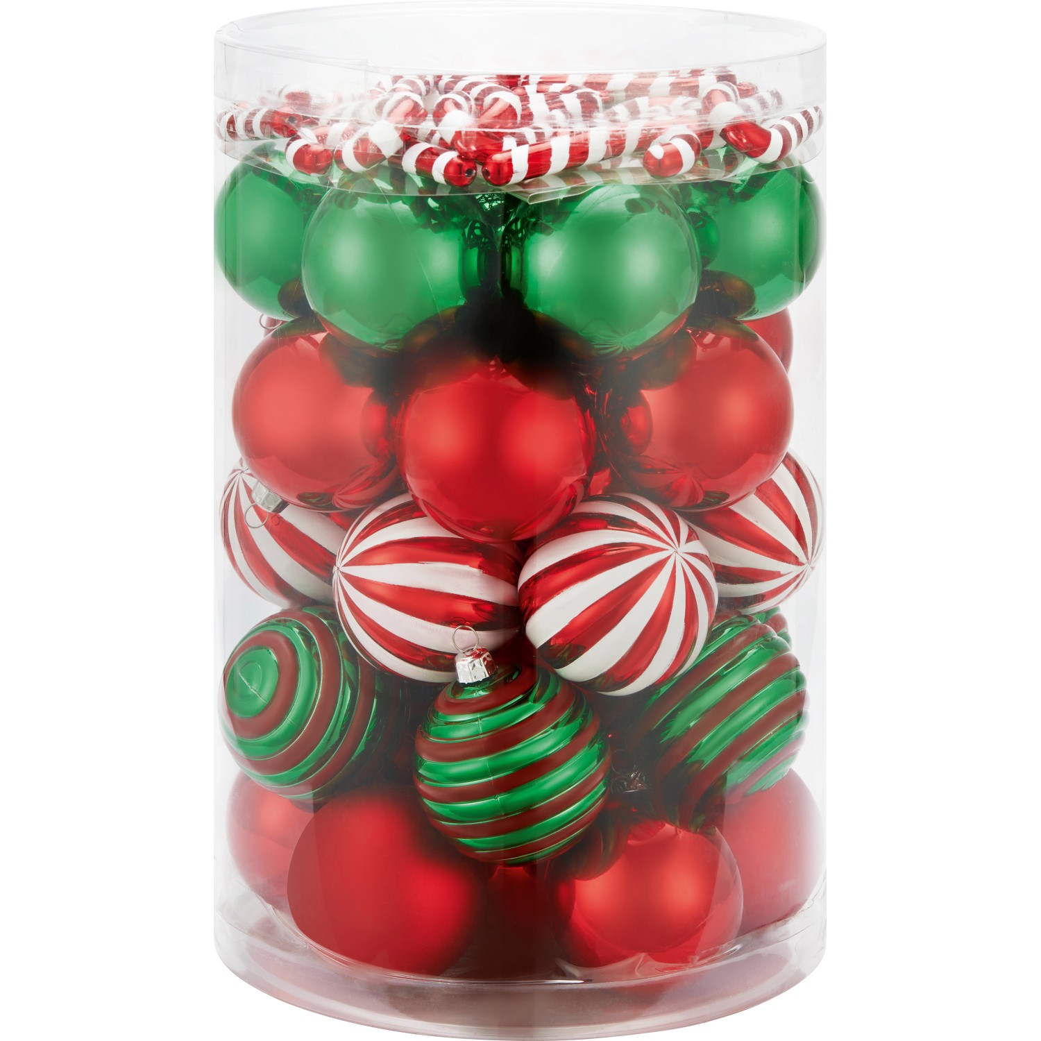 Weihnachtskugel-Set, 50-teilig, Ø 6cm, rot, weiß, grün, mit Zuckerstangen, im transparenten Behälter.