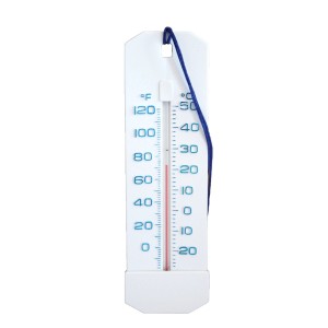 Weißes Pool Thermometer Jumbo mit Schnur zur Temperaturmessung in °C & °F.