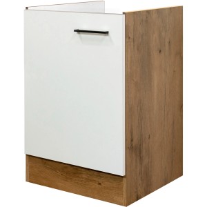 Flex-Well Spülenunterschrank Vintea, 50cm, Magnolie/Eiche, mit Drehtür und schwarzem Griff.