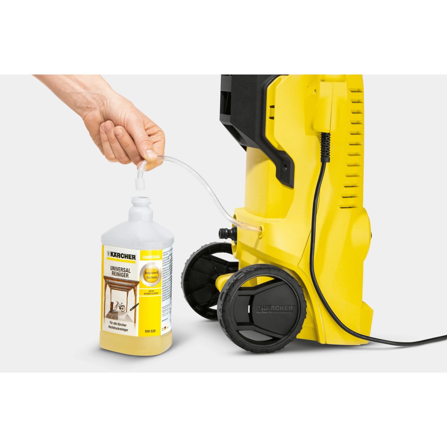 Kärcher Hochdruckreiniger K 2 Power Control mit Reiniger-Ansaugschlauch und Universalreiniger.